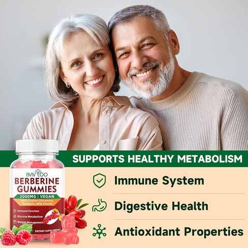 Premium Berberine Gummies, 2000mg High Potency Berberine HCI Supplement, Plus Ceylon Cinnamon, Milk Thistle for Women & Men, Immune System & Metabolism Support - 60 Gummies in Kuwait