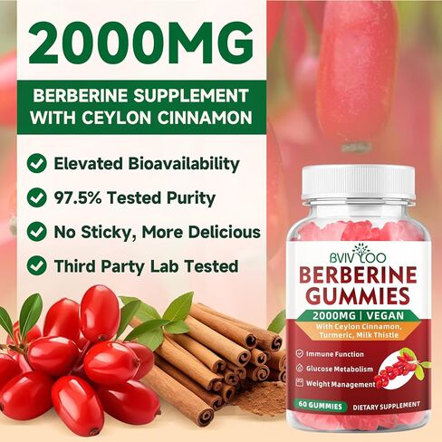 Premium Berberine Gummies, 2000mg High Potency Berberine HCI Supplement, Plus Ceylon Cinnamon, Milk Thistle for Women & Men, Immune System & Metabolism Support - 60 Gummies in Kuwait