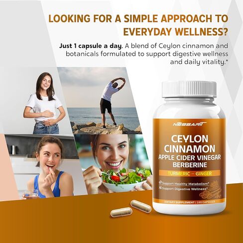 قرفة سيلان، خل التفاح، البربارين، الكركم والزنجبيل - دعم التمثيل الغذائي والهضم - 180 كبسولة in Kuwait