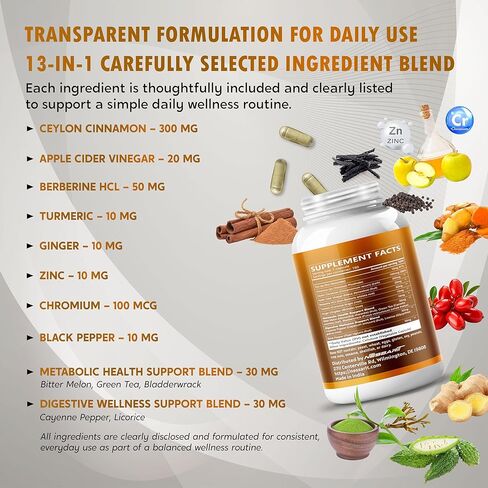 قرفة سيلان، خل التفاح، البربارين، الكركم والزنجبيل - دعم التمثيل الغذائي والهضم - 180 كبسولة in Kuwait