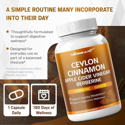 قرفة سيلان، خل التفاح، البربارين، الكركم والزنجبيل - دعم التمثيل الغذائي والهضم - 180 كبسولة in Kuwait