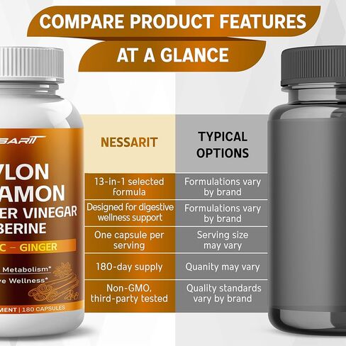 قرفة سيلان، خل التفاح، البربارين، الكركم والزنجبيل - دعم التمثيل الغذائي والهضم - 180 كبسولة in Kuwait