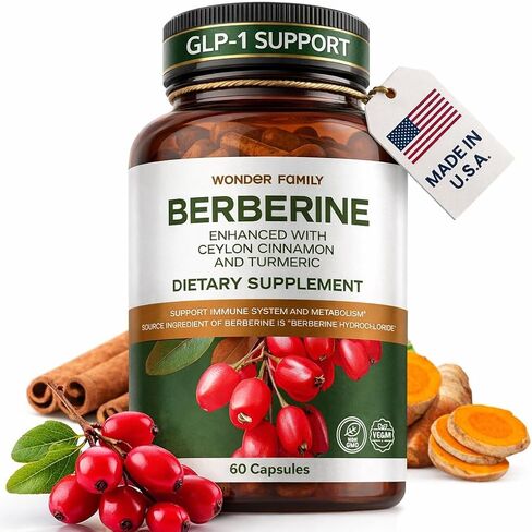 WONDER FAMILY Berberine 500 mg GLP-1 Weight Loss Supplement – Berberine HCl with Ceylon Cinnamon, Probiotics, Vitamin D3 & K2 – Glucose Metabolism & Appetite Support – 1 Pack - 60 Capsules in Kuwait