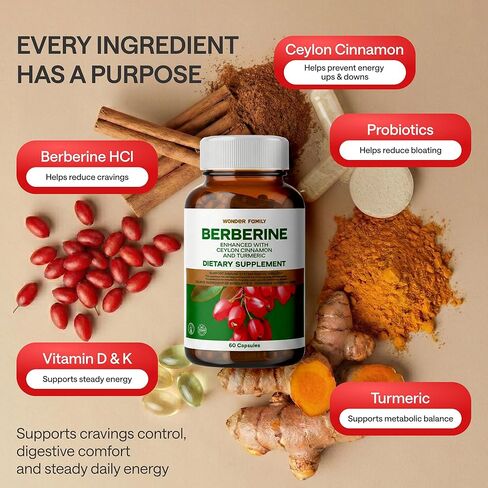 WONDER FAMILY Berberine 500 mg GLP-1 Weight Loss Supplement – Berberine HCl with Ceylon Cinnamon, Probiotics, Vitamin D3 & K2 – Glucose Metabolism & Appetite Support – 1 Pack - 60 Capsules in Saudi Arabia
