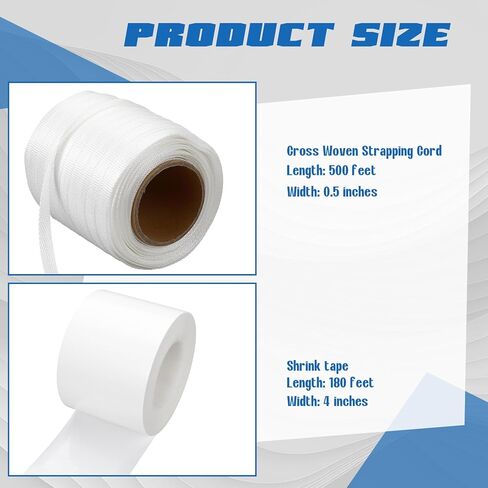Pangda 2 Pcs Shrink Wrap Strapping Kit 4" x 60 Yard White Shrink Wrap Tape 1/2" x 500' Cross Woven Poly Strapping Cord Insulation Strength for Boat and Any Outdoor Equipment Installation in Saudi Arabia