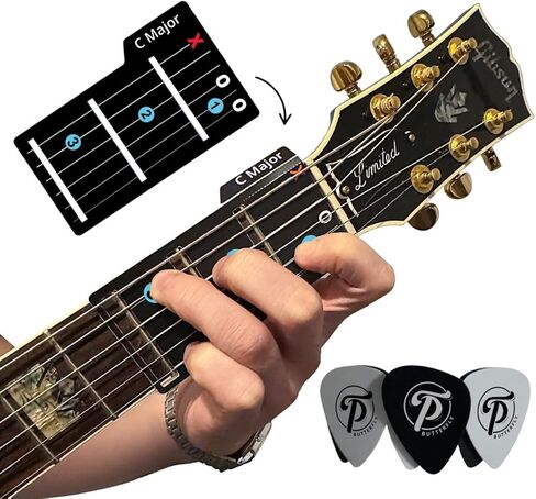 أوتار بطاقة الجيتار مع لهجة اللقطات إصدار فاخر مع حافظة | عازفو الجيتار الذين يستخدمون اليد اليمنى واليسرى (يناسب جميع القيثارات ذات الحجم الكامل) يتعلمون العزف على الأغاني المفضلة لديك في دقائق. in Kuwait