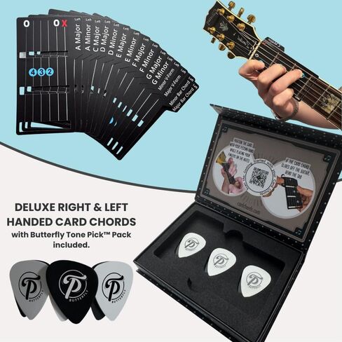 أوتار بطاقة الجيتار مع لهجة اللقطات إصدار فاخر مع حافظة | عازفو الجيتار الذين يستخدمون اليد اليمنى واليسرى (يناسب جميع القيثارات ذات الحجم الكامل) يتعلمون العزف على الأغاني المفضلة لديك في دقائق. in Kuwait