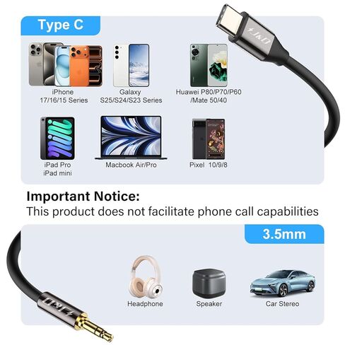 J & D USB C إلى 3.5 مم 1/8 بوصة كابل AUX AUX ، نوع USB إلى 3.5 مم قياسي 1/8 بوصة TRS CARA MALE AUX كابل متوافق مع iPhone 15/16 سلسلة ، 2 حزمة ، 3.3 قدم in Kuwait