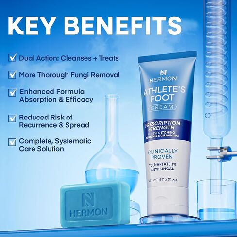 مجموعة علاج قدم الرياضيين من هيرمون: كريم مضاد للفطريات مثبت سريريًا مع تولنافتات 1% وصابون زيت شجرة الشاي - تخفيف سريع المفعول للحكة والحرق والتشقق - أنبوب 2 أونصة / قالب 4 أونصة in Kuwait