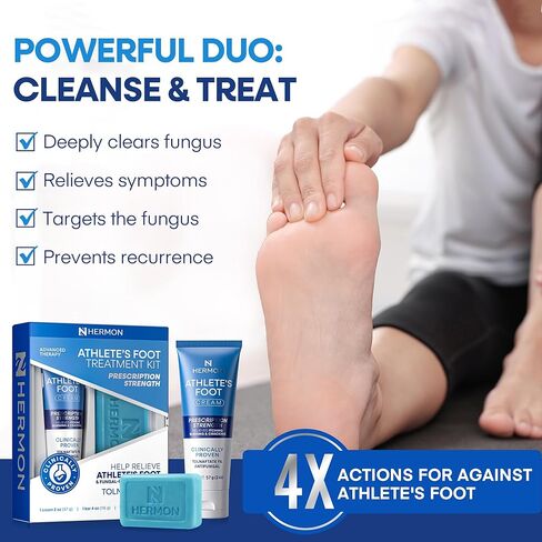 مجموعة علاج قدم الرياضيين من هيرمون: كريم مضاد للفطريات مثبت سريريًا مع تولنافتات 1% وصابون زيت شجرة الشاي - تخفيف سريع المفعول للحكة والحرق والتشقق - أنبوب 2 أونصة / قالب 4 أونصة in Kuwait