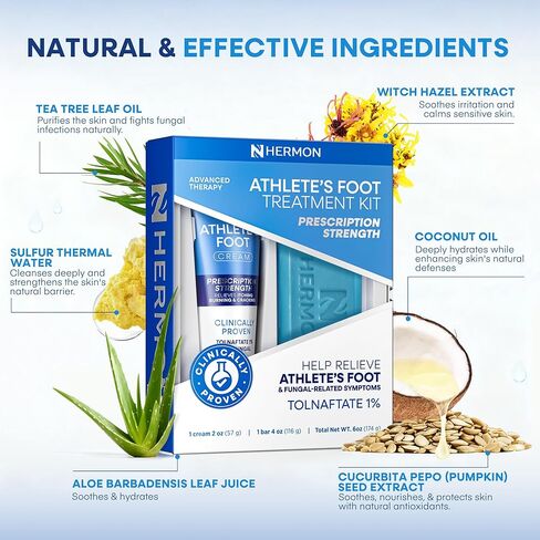 مجموعة علاج قدم الرياضيين من هيرمون: كريم مضاد للفطريات مثبت سريريًا مع تولنافتات 1% وصابون زيت شجرة الشاي - تخفيف سريع المفعول للحكة والحرق والتشقق - أنبوب 2 أونصة / قالب 4 أونصة in Kuwait