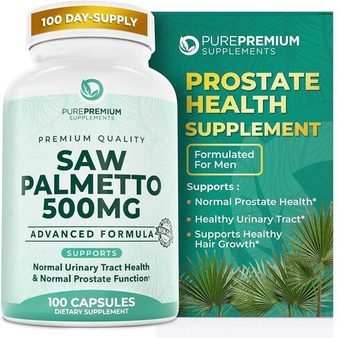 PurePremium Saw Palmetto 500 mg للرجال/النساء – أقصى قوة لمستخلص Saw Palmetto | كبسولات مسحوق مكملة - تدعم المسالك البولية الطبيعية وصحة البروستاتا/الشعر - كمية تكفي لمدة 3 أشهر - 100 قرص in Kuwait