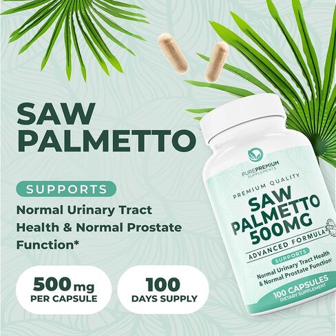 PurePremium Saw Palmetto 500 mg للرجال/النساء – أقصى قوة لمستخلص Saw Palmetto | كبسولات مسحوق مكملة - تدعم المسالك البولية الطبيعية وصحة البروستاتا/الشعر - كمية تكفي لمدة 3 أشهر - 100 قرص in Kuwait