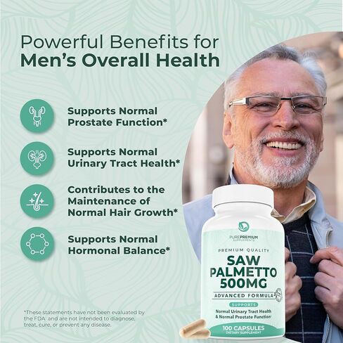 PurePremium Saw Palmetto 500 mg للرجال/النساء – أقصى قوة لمستخلص Saw Palmetto | كبسولات مسحوق مكملة - تدعم المسالك البولية الطبيعية وصحة البروستاتا/الشعر - كمية تكفي لمدة 3 أشهر - 100 قرص in Kuwait