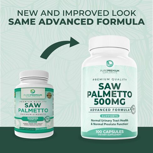 PurePremium Saw Palmetto 500 mg للرجال/النساء – أقصى قوة لمستخلص Saw Palmetto | كبسولات مسحوق مكملة - تدعم المسالك البولية الطبيعية وصحة البروستاتا/الشعر - كمية تكفي لمدة 3 أشهر - 100 قرص in Kuwait