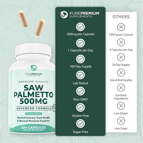 PurePremium Saw Palmetto 500 mg للرجال/النساء – أقصى قوة لمستخلص Saw Palmetto | كبسولات مسحوق مكملة - تدعم المسالك البولية الطبيعية وصحة البروستاتا/الشعر - كمية تكفي لمدة 3 أشهر - 100 قرص in Kuwait