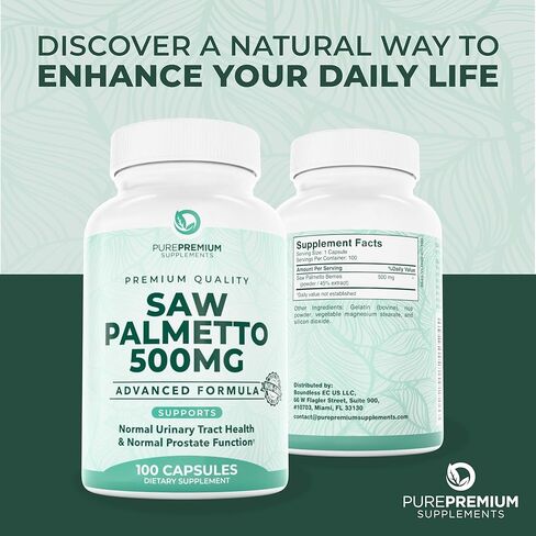 PurePremium Saw Palmetto 500 mg للرجال/النساء – أقصى قوة لمستخلص Saw Palmetto | كبسولات مسحوق مكملة - تدعم المسالك البولية الطبيعية وصحة البروستاتا/الشعر - كمية تكفي لمدة 3 أشهر - 100 قرص in Kuwait