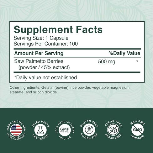 PurePremium Saw Palmetto 500 mg for Men/Women – Maximum Strength Saw Palmetto Extract | Powder Capsules Supplement - Support Normal Urinary Tract, Prostate Health/Hair - 3 Months Supply - 100 Tablets in Saudi Arabia
