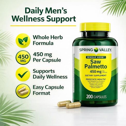 كبسولات H4U سبرينج فالي العشبية الكاملة بالميتو المنشاري 450 مجم، مكمل عشبي لدعم صحة الرجال والصحة البولية، 200 كبسولة in Kuwait