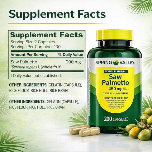 كبسولات H4U سبرينج فالي العشبية الكاملة بالميتو المنشاري 450 مجم، مكمل عشبي لدعم صحة الرجال والصحة البولية، 200 كبسولة in Kuwait