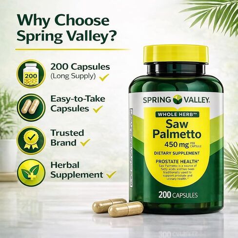 كبسولات H4U سبرينج فالي العشبية الكاملة بالميتو المنشاري 450 مجم، مكمل عشبي لدعم صحة الرجال والصحة البولية، 200 كبسولة in Kuwait