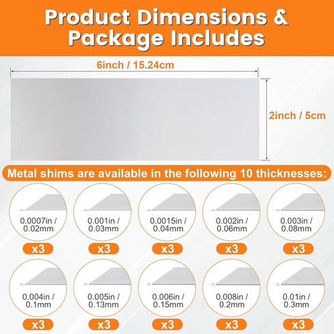 30 PCS Shim Stock Assortment, Thin Metal Strips Shims Stock 304 Stainless Steel 1" W x 6" L, Corrosion Resistant, Burr-Free, Bendable Metal shims for Leveling & DIY, 10 Thickness (0.0007"-0.01") in Saudi Arabia