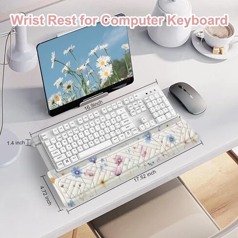 Mosiso Wrist Rest for Keyboard and Keyboard Stand Set ، Cosmos Flowers Flowers Ergonomic Wrist Rest ، وسادة خطوط المنسوجة غير المنسوجة مع حامل أكريليك سهل الطباعة للمكتب منزل ، أبيض in Saudi Arabia