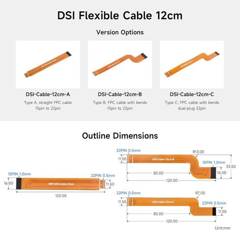 Waveshare 2PCS DSI 12cm FPC كابل مرن، النوع B، كابل FPC مع الانحناءات، 15pin إلى 22pin in Saudi Arabia