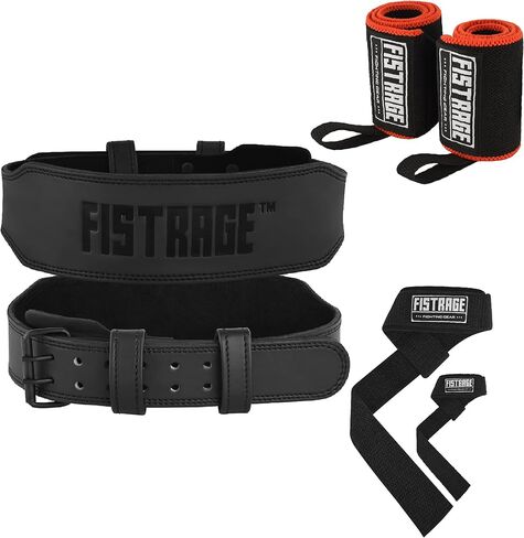 حزام جلدي لرفع الأثقال من FISTRAGE، حزام دعم الظهر في صالة الألعاب الرياضية، حزام تدريب للياقة البدنية للتمرينات الصعبة | رافعات كهربائية | يدعم الجزء السفلي من الظهر مع حزام معصم مجاني in Kuwait