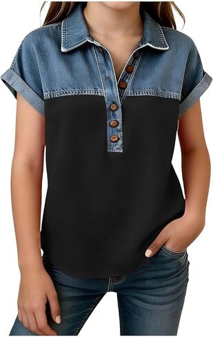 Girls Shirts Summer Short Sleeve Tees Contrast Patchwork Polo Button Blouse Teen Vacation Wear Kids Size 5-15 Years in Saudi Arabia