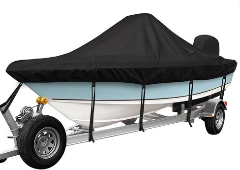 غطاء قارب وحدة التحكم المركزية، 17'-19'ft مقاوم للماء 900D PU غطاء قارب قابل للقطر للخدمة الشاقة لقارب وحدة التحكم المركزية، قماش بوليستر مقاوم للأشعة فوق البنفسجية من الدرجة البحرية مع غطاء محرك، أسود in Kuwait