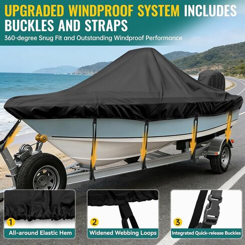 غطاء قارب وحدة التحكم المركزية، 17'-19'ft مقاوم للماء 900D PU غطاء قارب قابل للقطر للخدمة الشاقة لقارب وحدة التحكم المركزية، قماش بوليستر مقاوم للأشعة فوق البنفسجية من الدرجة البحرية مع غطاء محرك، أسود in Kuwait