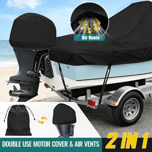 غطاء قارب وحدة التحكم المركزية، 17'-19'ft مقاوم للماء 900D PU غطاء قارب قابل للقطر للخدمة الشاقة لقارب وحدة التحكم المركزية، قماش بوليستر مقاوم للأشعة فوق البنفسجية من الدرجة البحرية مع غطاء محرك، أسود in Kuwait