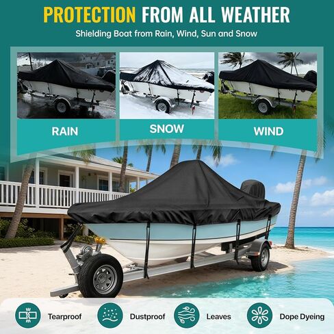 غطاء قارب وحدة التحكم المركزية، 17'-19'ft مقاوم للماء 900D PU غطاء قارب قابل للقطر للخدمة الشاقة لقارب وحدة التحكم المركزية، قماش بوليستر مقاوم للأشعة فوق البنفسجية من الدرجة البحرية مع غطاء محرك، أسود in Kuwait