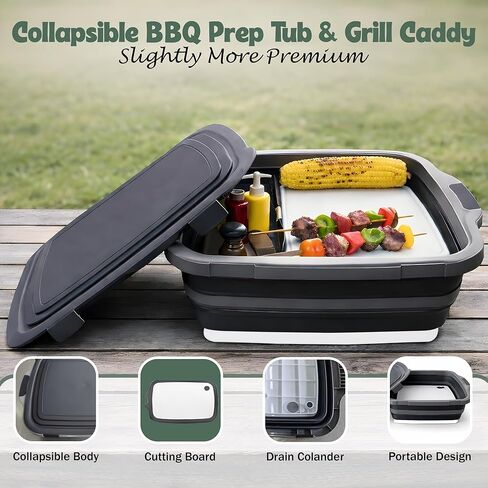 Large Collapsible BBQ Prep Tub with Locking Lid, Basket for Meal Prep, Marinating, Food Storage, Plastic Cutting Board, 16L, Black in Saudi Arabia