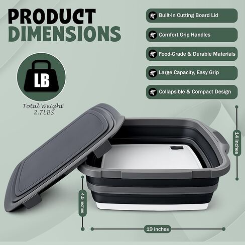 Large Collapsible BBQ Prep Tub with Locking Lid, Basket for Meal Prep, Marinating, Food Storage, Plastic Cutting Board, 16L, Black in Saudi Arabia