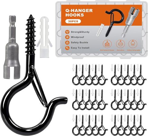 30 PCS Windproof Q Hanger Hooks with Safety Black and White Metal Screw Hooks for Outdoor String Lights, Christmas Patio Lights, Plants & Decorations, Rustproof, 2.2Inches (White) in Saudi Arabia