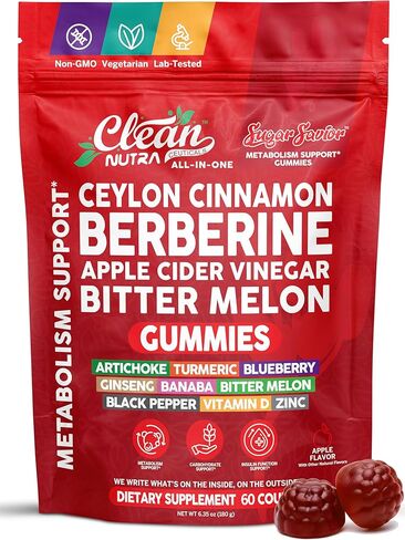 Sugar Savior Ceylon Cinnamon Berberine Gummies Apple Cider Vinegar Artichoke Turmeric Blueberry Ginseng Banaba Bitter Melon Black Pepper Vitamin D Zinc GLP1 Gummies 60 Count by Clean Nutra in Saudi Arabia