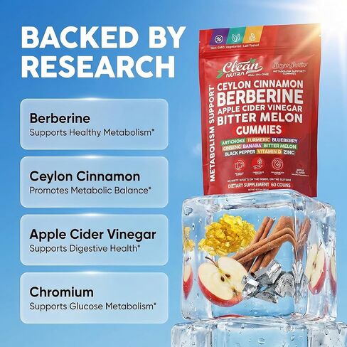 Sugar Savior Ceylon Cinnamon Berberine Gummies Apple Cider Vinegar Artichoke Turmeric Blueberry Ginseng Banaba Bitter Melon Black Pepper Vitamin D Zinc GLP1 Gummies 60 Count by Clean Nutra in Saudi Arabia