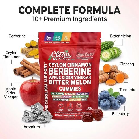 Sugar Savior Ceylon Cinnamon Berberine Gummies Apple Cider Vinegar Artichoke Turmeric Blueberry Ginseng Banaba Bitter Melon Black Pepper Vitamin D Zinc GLP1 Gummies 60 Count by Clean Nutra in Saudi Arabia