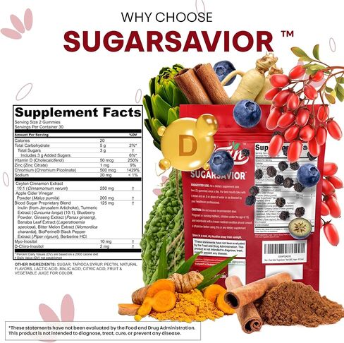 Sugar Savior Ceylon Cinnamon Berberine Gummies Apple Cider Vinegar Artichoke Turmeric Blueberry Ginseng Banaba Bitter Melon Black Pepper Vitamin D Zinc GLP1 Gummies 60 Count by Clean Nutra in Saudi Arabia
