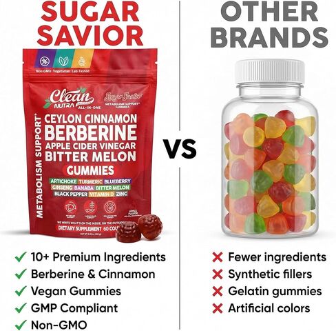 Sugar Savior Ceylon Cinnamon Berberine Gummies Apple Cider Vinegar Artichoke Turmeric Blueberry Ginseng Banaba Bitter Melon Black Pepper Vitamin D Zinc GLP1 Gummies 60 Count by Clean Nutra in Saudi Arabia