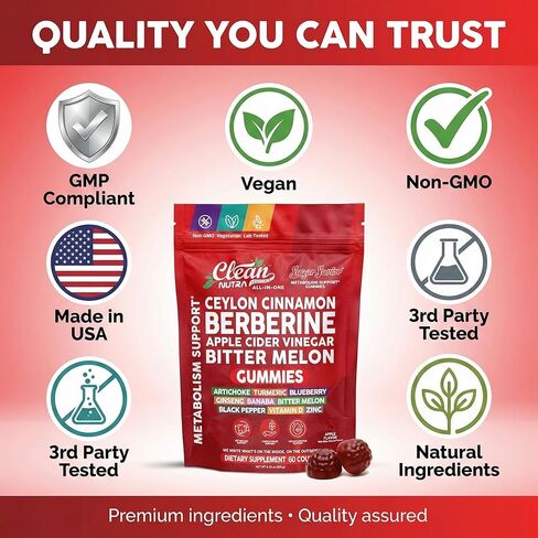 Sugar Savior Ceylon Cinnamon Berberine Gummies Apple Cider Vinegar Artichoke Turmeric Blueberry Ginseng Banaba Bitter Melon Black Pepper Vitamin D Zinc GLP1 Gummies 60 Count by Clean Nutra in Saudi Arabia