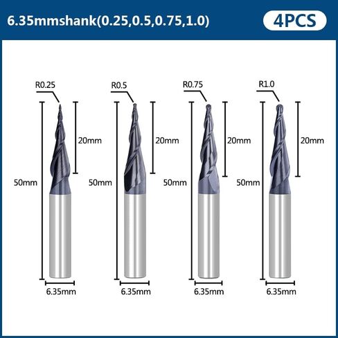 4 قطعة مطحنة نهاية كربيد التنغستن الصلبة R0.25-R1.0 2 فلوت مدبب الكرة مطحنة نهاية الأنف 1/4 "عرقوب CNC تفتق الخشب قاطعة المطحنة المعدنية in Kuwait