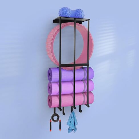 حامل بساط اليوجا مثبت على الحائط، رف تخزين بساط اليوجا متوافق مع بكرات الفوم وأشرطة المقاومة للصالات الرياضية المنزلية in Saudi Arabia