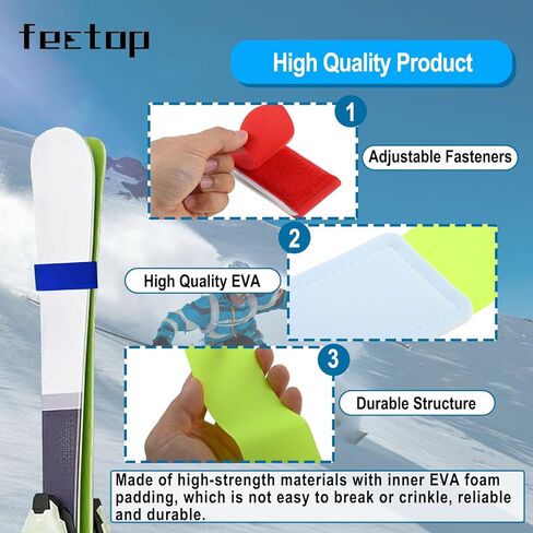 12 قطعة من أشرطة التزلج، أشرطة حمل قابلة للتعديل للتزلج على الجليد مع وسادات حماية من مادة إي في إيه لحمل ألواح التزلج وأعمدة إكسسوارات الرياضات الشتوية (6 ألوان) in Kuwait