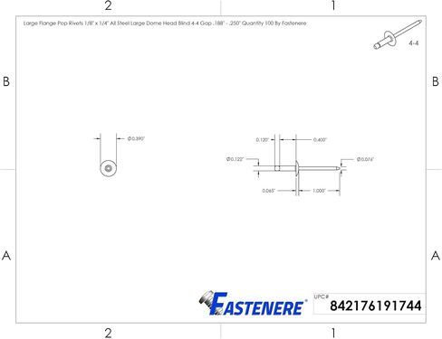 Fastenere Large Flange Pop Rivets - 1/8" x 1/4" (100 pcs) Heavy Duty, Open End, Steel Zinc, Corrosion-Resistant, High Tensile & Shear Strength, 4-4 Gap .188" - .250" in Saudi Arabia