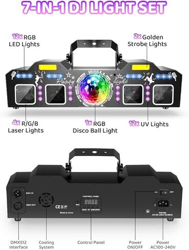 Telbum DJ Lights with Stand, 7 in 1 DJ Light for Party, DMX & Sound Activated Laser Light Show, Disco Ball & UV Strobe Effect Stage Lights Package for Gig Bar Band Events Wedding Christmas in Kuwait