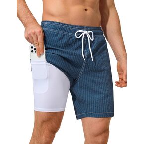 SILKWORLD Quick Dry Mens Swim Trunks with Compression Liner 7 inch Seesucker Bathing Suit Casual Shorts for Pool Beach in Kuwait
