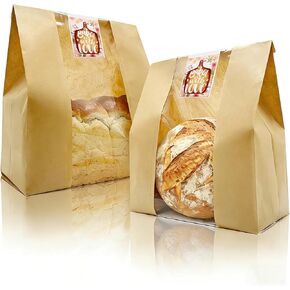 16"X10"X5" Extra Large Paper Bread Bags for Homemade Bread with Window & Sticker for xl Sourdough Bread, Very Wide Bread Loaf, Baked Goods, Packaging for Gifting - Brown Kraft 25Pcs in Saudi Arabia